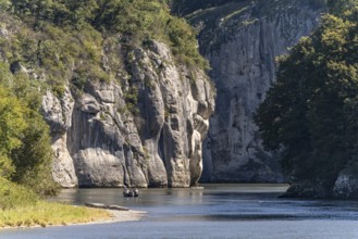 Small motorboat at the Weltenburger Enge, Danube gorge near Weltenburg, Bavaria, Germany, Europe