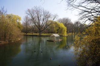 The River Lippe at Laumannshügel with the artwork Arche by Christoph Hildebrand, Lippstadt, North