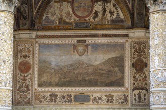 The courtyard of Palazzo Vecchio, Florence, wall paintings, UNESCO World Heritage Site, Tuscany,