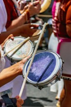 Tambourines at the street carnival during a parade of a group of samba dancers, Belo Horizonte,