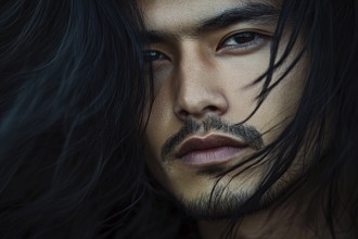 Portrait of attractive Asian man with beard and long black hair. Generative ai, AI generated