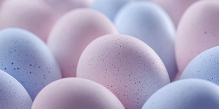 Close up of many pastel blue and pink easter eggs. Generative AI, AI generated