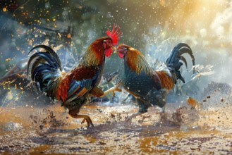 Surrealist representation of a cock fighting, AI generated