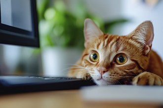 Tabby cat disturbing owner at work at home office. Generative Ai, AI generated