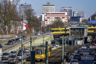 Motorway A40, Ruhr expressway, heavy traffic jam, rush hour, city passage in Essen, skyline of the