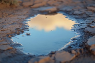 Close up of small water puddle in desert. Drough concept. Generative AI, AI generated