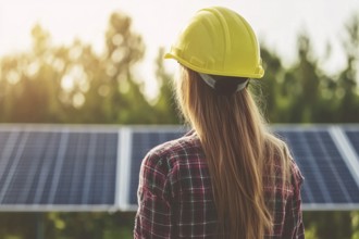 Back view of female worker with safety helmet in front of solar farm with photovoltaic solar panels