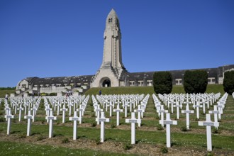 Cemetery of soldiers killed in the First World War, in the background the ossuary of Douaumont,