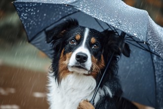 Cute Bernese Mountain dog with black umbrella in rain Generative Ai, AI generated