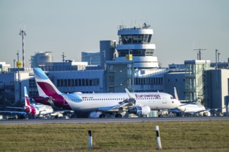 Eurowings Airbus aircraft on the taxiway, apron of Düsseldorf International Airport, old air