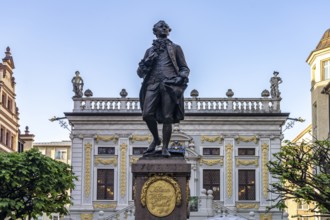 The Goethe Monument on the Naschmarkt in front of the Old Stock Exchange in Leipzig, Saxony,