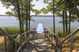 Floating pontoon jetty for boats on the north shore of Lake Dreiweibern, Lohsa, Lusatian Lakeland,