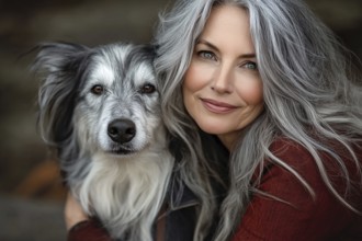 Beautiful middle-aged woman with long gray hair with dog. Generatve AI, AI generated