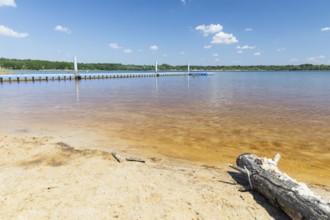 Pontoon jetty at the Dreiweiberner See bathing beach, Lusatian Lakeland, Lohsa, Saxony, Germany,