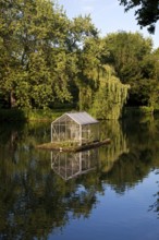 The River Lippe at Laumannshügel with the artwork Arche by Christoph Hildebrand, Lippstadt, North