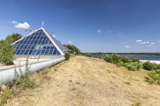 Glass pyramid as a snack bar at Lake Dreiweibern in Lohsa, Lusatian Lakeland, Saxony, Germany,