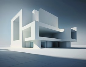 Minimalist architectural rendering of a modern building in simple and clean geometry, AI generated