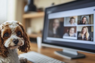 Small dog disturbing owner at work at home office with computer screen with online meeting with