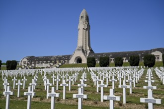 Cemetery of soldiers killed in the First World War, in the background the ossuary of Douaumont,