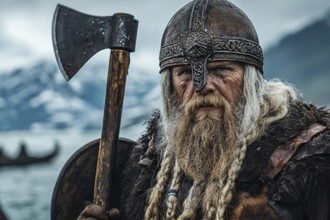 Male viking with ax, shield and armor. Generative Ai, AI generated