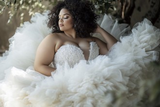 Confident black curvy plus size bride in white wedding dress. Generative AI, AI generated