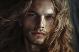 Portrait of attractive man with beard and long dark blond hair. Generative ai, AI generated