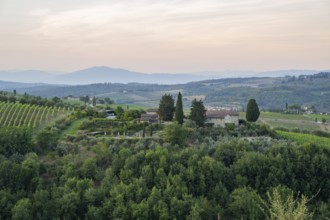 Tuscan landscape next to greve in Chianti and Montefioralle, country estate with vineyards,