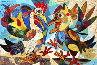 Cubist representation of a cock fighting, AI generated