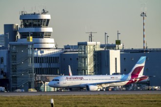 Eurowings Airbus aircraft on the taxiway, apron of Düsseldorf International Airport, old air