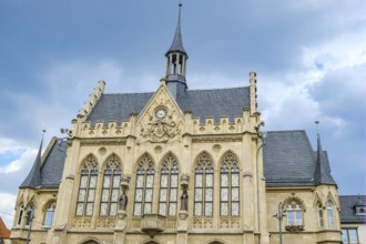 Upper part of the main façade of Erfurt Town Hall at the fish market in the historic city centre of