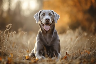 Beautiful silver or blue Labrador dog with fur color caused by dilute gene in dry grass. Generative