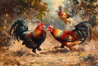 Surrealist representation of a cock fighting, AI generated