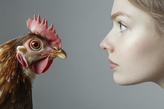 Concept for spread of H5N1 virus from bird to human showing a chicken and a woman's head.