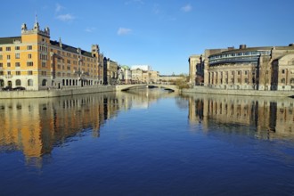 Symmetrical view of a river with bridge and city buildings, Riksdag, capital city, Stockholm,