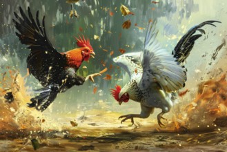 Surrealist representation of a cock fighting, AI generated