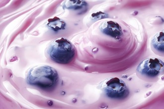 Blueberry fruits in pink creamy yoghurt. Generative AI, AI generated