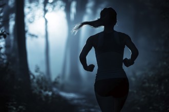 SIlhouette of back view of young woman jogging alone in dark forest at dawn. Generative AI, AI