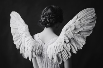 Black and white image of young female angel with white feather wings on back. Generative AI, AI