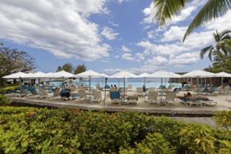 People on sun loungers, parasol, infinity pool, Te Moana Tahiti Resort, hotel, Tahiti-Nui, Tahiti,