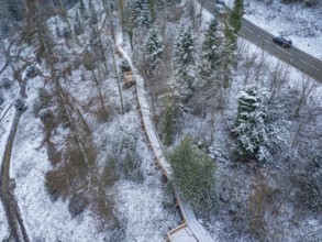 Snow-covered forest path along a road lined with snow-covered trees, New wooden footbridge in Calw