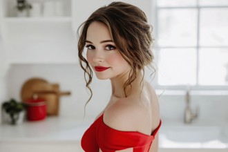 Trad wife concept showing young woman in elegant red dress in kitchen. Generative AI, AI generated