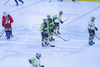 Ice hockey players in green and red jerseys stand on the ice, Heilbronner Falken Vs Bietigheimer