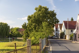 Village view of Naundorf, historic buildings with farmhouses, village green with pond, Radebeul,