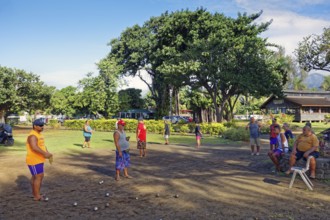 Old men, Tahitians, playing boules, Pointe Venus, Matavai Bay, Mahina Tahiti-Nui commune, Society