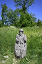 Wooden soldier on the site of the destroyed village of Fleury-devant-Douaumont, Verdun battlefield,