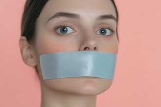 Young woman silenced with gray tape over her mouth in front of pink studio background. Generative