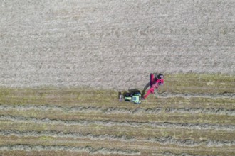 Aerial view of a tractor with rake raking hay, Dresden, Saxony, Germany, Europe