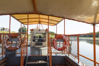 Ferry trip across the Elbe between Riesa and Promnitz, Saxony, Germany, Europe