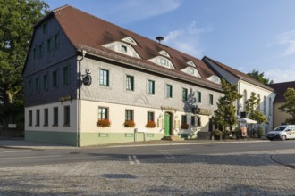 Municipal office, Erbgericht restaurant and hall on the village square in Rammenau, Saxony,