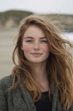 Young attractive woman in autumn clothes on beach with gray sky. Generative AI, AI generated